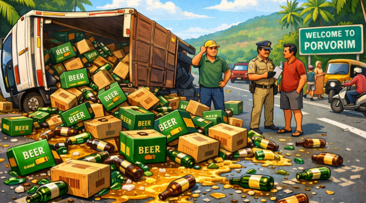 Beer Cartons Spill Across Porvorim Road After Goods Carrier Topples, No Injuries Reported 1 Screenshot 2025 12 17 155159