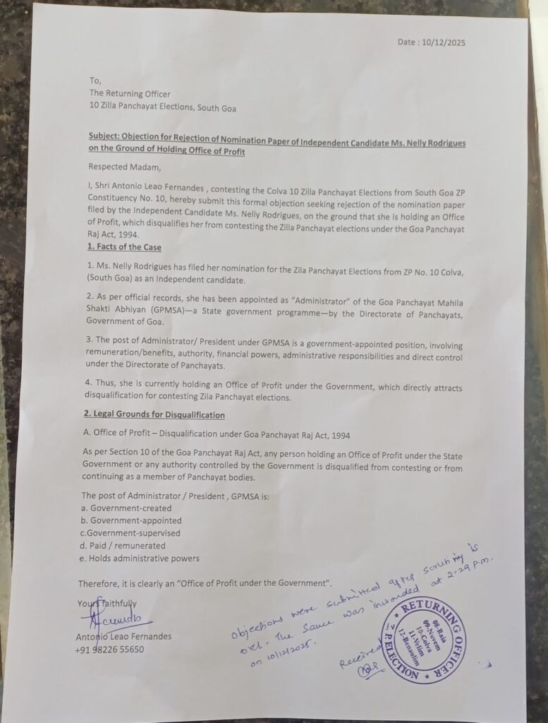AAP Colva Candidate Objects to Nelly Rodrigues’ Nomination, Alleging Office of Profit Violation 2 WhatsApp Image 2025 12 10 at 3.18.44 PM