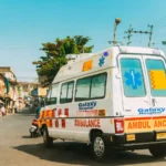 mapusa goa india february ambulance car moving siren emergency ambulance reanimation van car street mapusa goa india 183072952