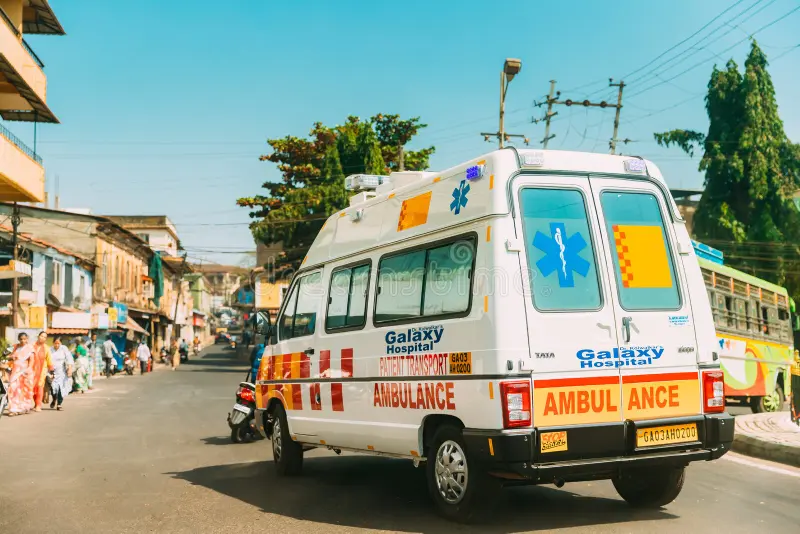 Odisha man dies as swarm of bees attacks village 1 mapusa goa india february ambulance car moving siren emergency ambulance reanimation van car street mapusa goa india 183072952