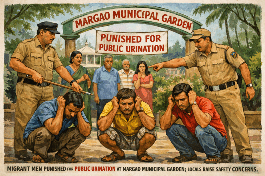 Migrant Men Punished for Public Urination at Margao Municipal Garden; Locals Raise Safety Concerns 1 20260102 1127 Garden Safety Concerns simple compose 01kdymg8xpfkjbxe09jqdks79x