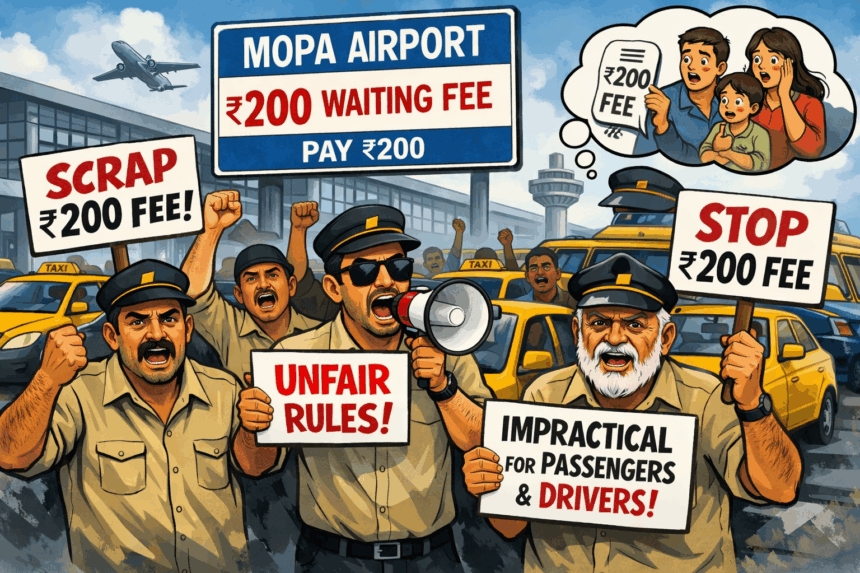 Taxi Drivers Protest New ₹200 Waiting Fee at Mopa Airport, Call Rules ‘Impractical’ for Passengers and Drivers 1 20260107 1248 Taxi Drivers Protest simple compose 01kebn2v20ftw836bepqxq9mxv