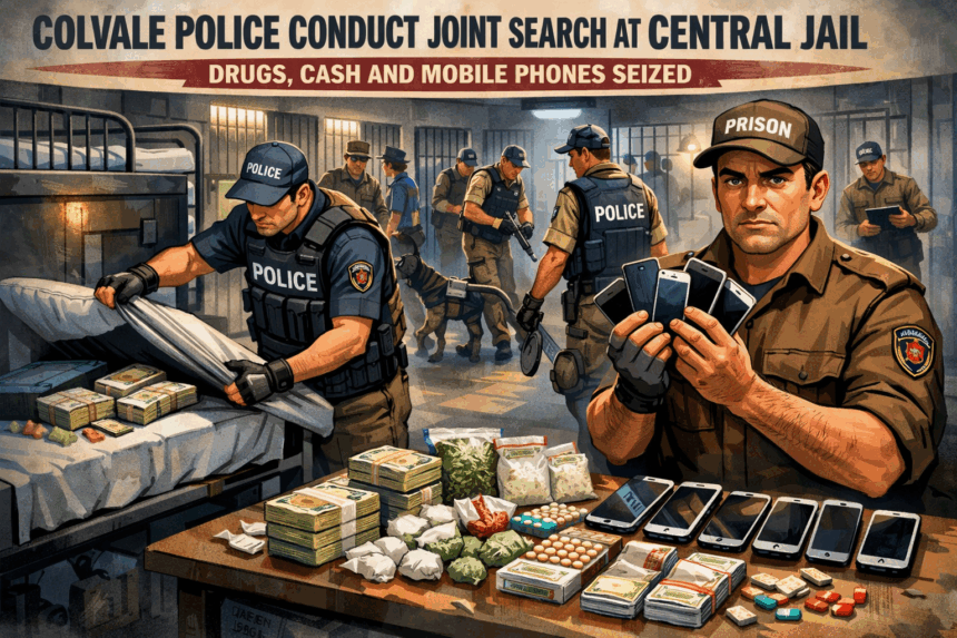 Colvale Police Conduct Joint Search at Central Jail; Drugs, Cash and Mobile Phones Seized 1 20260112 1007 Prison Contraband Bust simple compose 01ker7w3zjfqfs20rzwxt9v5h2