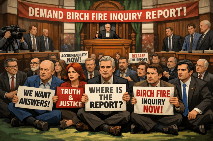Opposition MLAs Stage Sit-In Protest in Assembly Demanding Birch Fire Inquiry Report 1 20260116 1543 Image Generation simple compose 01kf34ngzmf1ja47sk98n5s6by