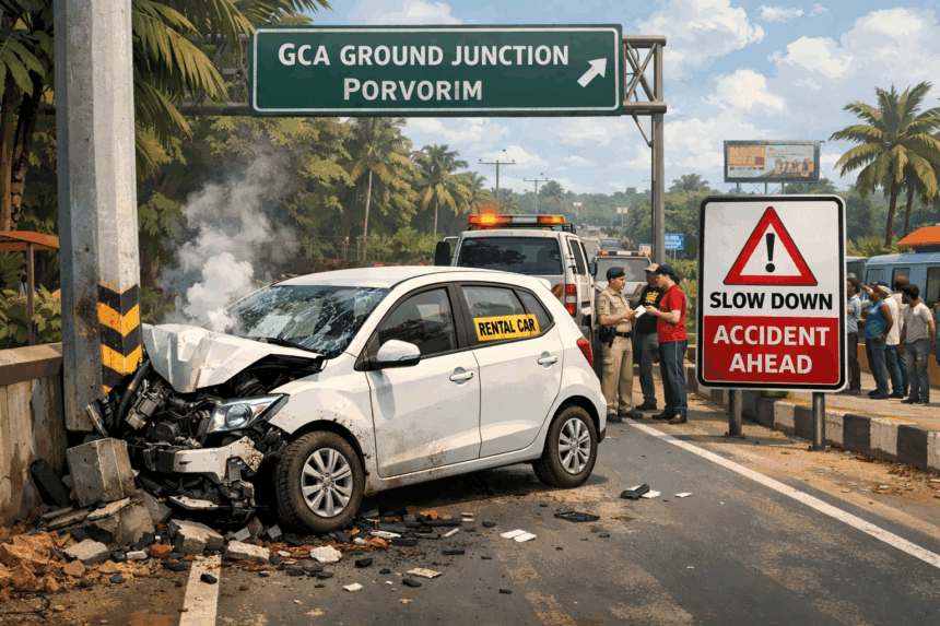 Self-Accident Involving Rent-a-Car Reported Near GCA Ground Junction in Porvorim 1 20260119 1123 Image Generation simple compose 01kfad0w73fhyrd8ncp4zaj18k