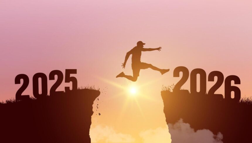 man silhouette jumping on cliff 2026 over the precipice with stones at amazing sunset new year welcome 2026 2026 falls into the abyss people entered the year 2026 creative idea vector 1