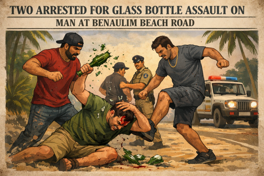 Two Arrested for Glass Bottle Assault on Man at Benaulim Beach Road 1 20260203 1217 Image Generation simple compose 01kgh42ff1fkf8k749sn45h1rf