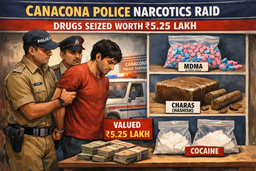 Canacona Police Arrest Man in Narcotics Raid, Seize MDMA, Charas and Cocaine Valued at ₹5.25 Lakh 1 20260204 1014 Image Generation simple compose 01kgkfddwcegxr1e52ppt8v4g6