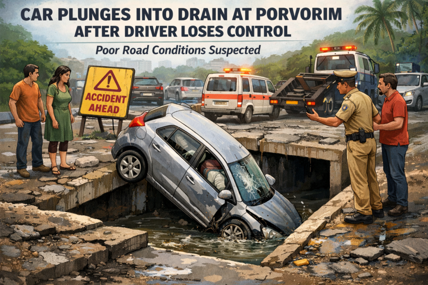 Car Plunges into Drain at Porvorim After Driver Loses Control; Poor Road Conditions Suspected 1 20260209 1510 Car in Porvorim Drain simple compose 01kh0wah0je7gr1j6ykxh9fmmd