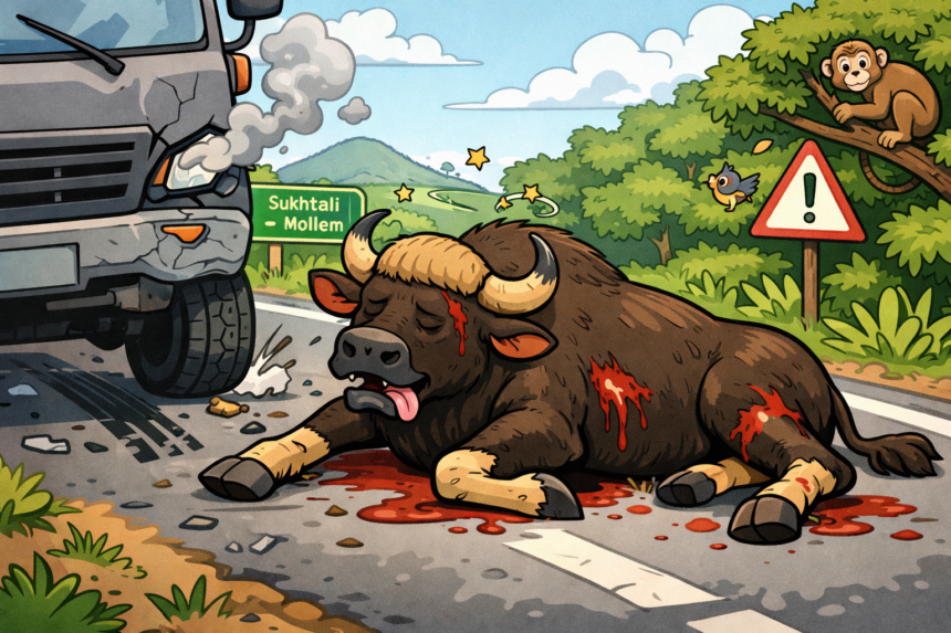 Indian Bison Injured After Being Hit by Heavy Vehicle at Sukhtali–Mollem 1 20260224 1234 Image Generation simple compose 01kj77cf1ker49h6gnmm55w5yd