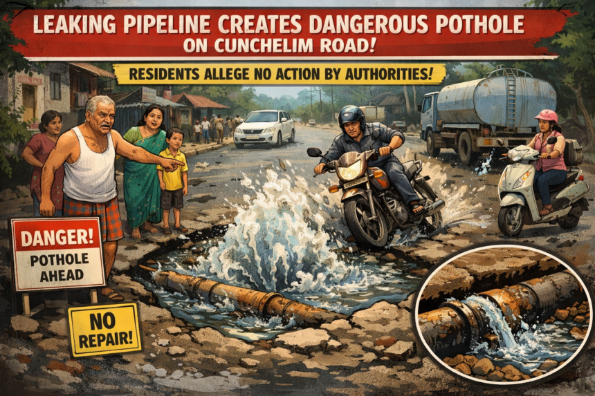 Leaking Pipeline Creates Dangerous Pothole on Cunchelim Road, Residents Allege No Action by Authorities 1 20260314 1228 Image Generation simple compose 01kknj6fx1fsma3r9hqhprnb5n