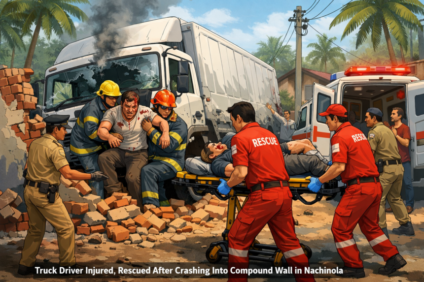 Truck Driver Injured, Rescued After Crashing Into Compound Wall in Nachinola 1 20260320 1123 Truck Crash Rescue simple compose 01km4ww9s8f1qbyz8zee08pa30