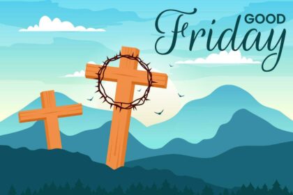 happy good friday illustration with christian holiday of jesus christ crucifixion and pigeons in flat cartoon background design vector