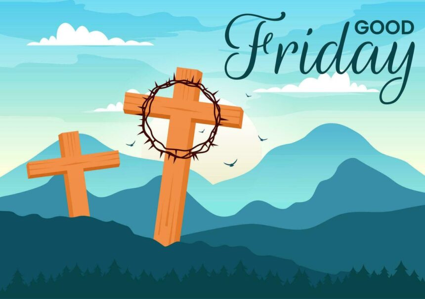 happy good friday illustration with christian holiday of jesus christ crucifixion and pigeons in flat cartoon background design vector