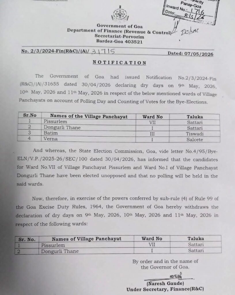 GOA ANNOUNCES DRY DAYS FOR BYE-ELECTIONS IN BATIM AND VERNA 2 1000001071