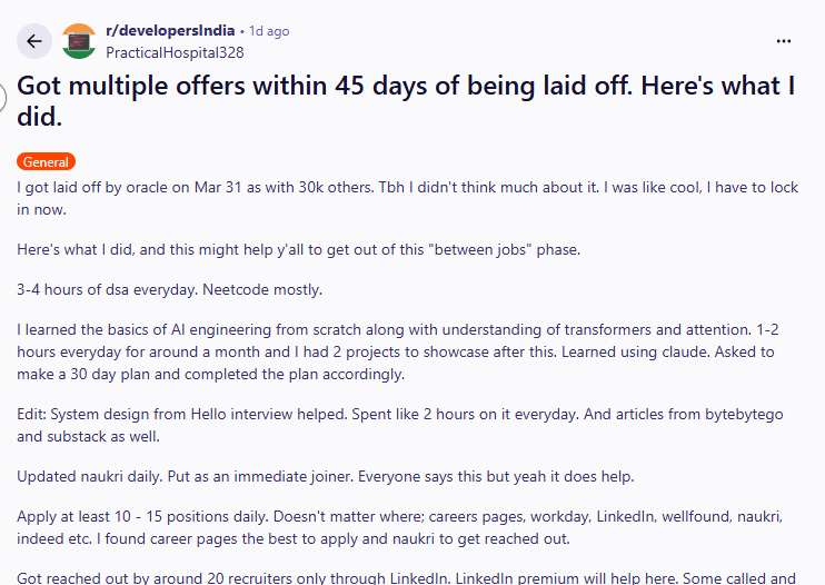Three Offers in 45 Days: Ex-Oracle Engineer Reveals Job Hunt Strategy After Layoff 2 1000001767