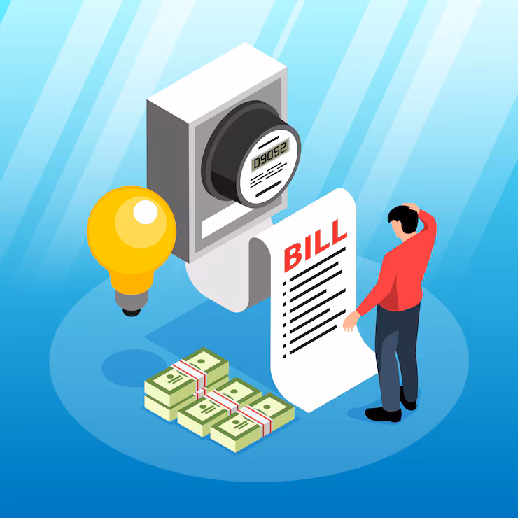 public utilities isometric composition with man character puzzled by big electricity bill vector illustration 98292 9176