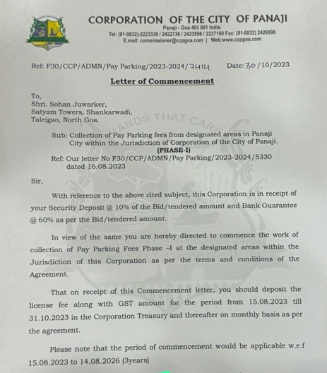 Panjim Pay Parking Contract: Commencement Letter Shows Three-Year Term for Fee Collection 1 Screenshot 2026 08 17 142945