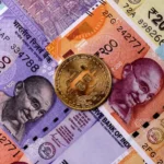 conceptual financial background bitcoin against rupee bitcoin indian currency conceptual financial background 451758209