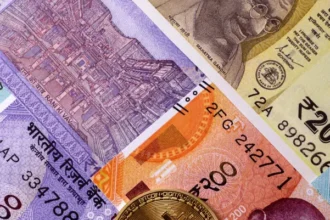 conceptual financial background bitcoin against rupee bitcoin indian currency conceptual financial background 451758209
