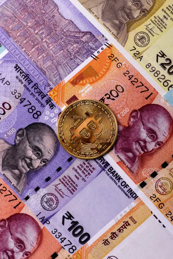 conceptual financial background bitcoin against rupee bitcoin indian currency conceptual financial background 451758209